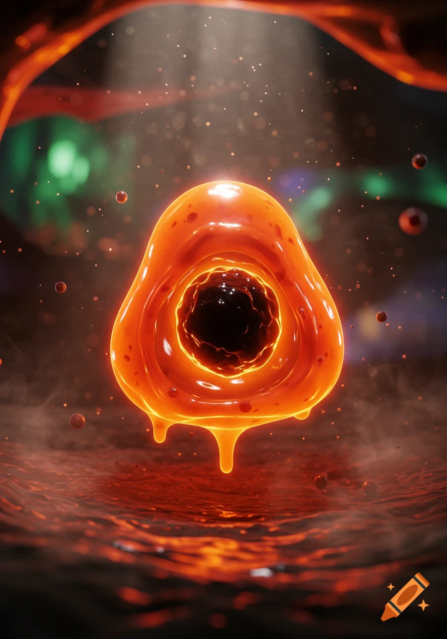 A vibrant, glowing orange slime creature with a black core drips in a dark, organic, microscopic environment.