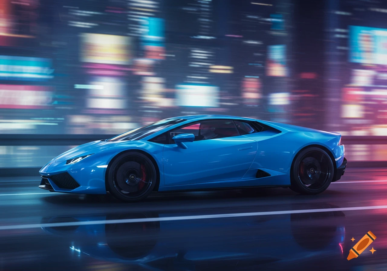 Photorealistic image of a blue Lamborghini sports car speeding down a wet city street at night, with blurred neon lights.
