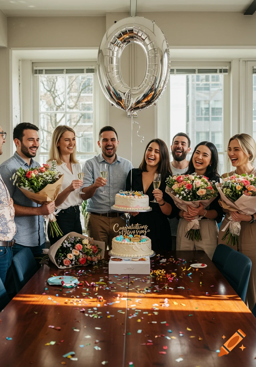A diverse group of cheerful people celebrate in an office, holding bouquets and champagne, with cakes and a large '0' balloon.