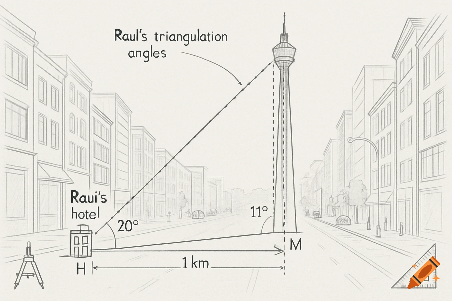 A line drawing diagram illustrating a trigonometry problem with a hotel and a tall tower on a city street, showing angles and a 1km distance.