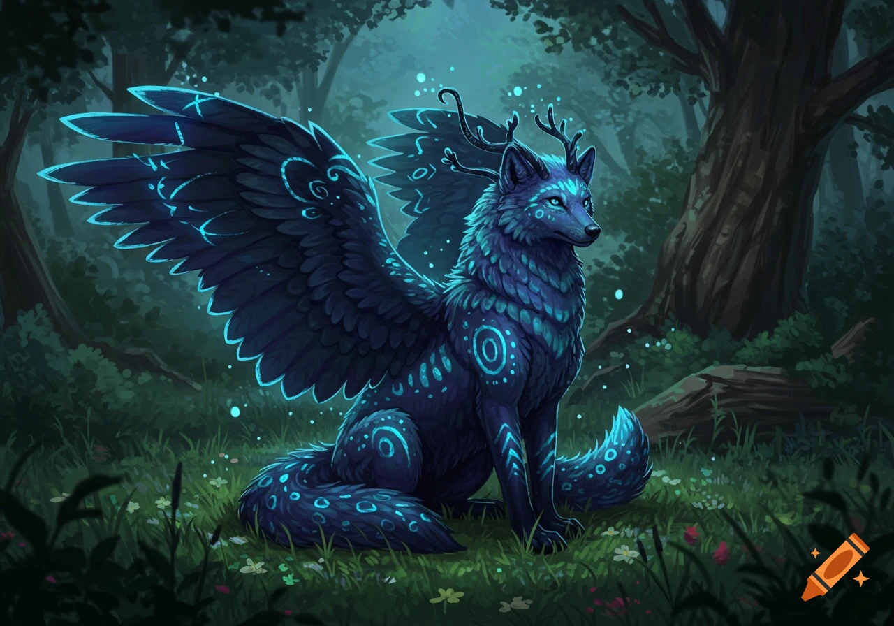 A dark blue winged wolf with glowing teal markings and small antlers sits in a mystical, dark forest.