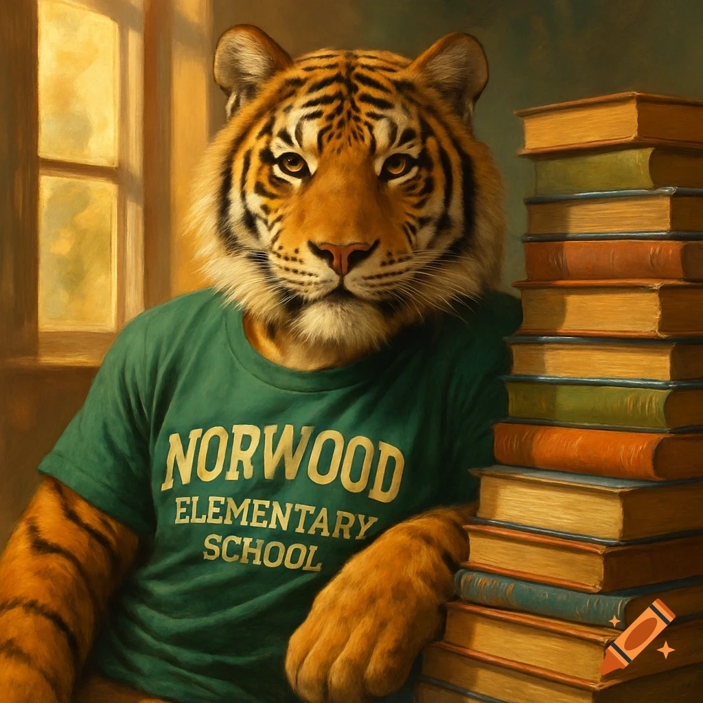 A photorealistic anthropomorphic tiger in a green t-shirt with "NORWOOD ELEMENTARY SCHOOL" printed on it, leaning on a stack of books.