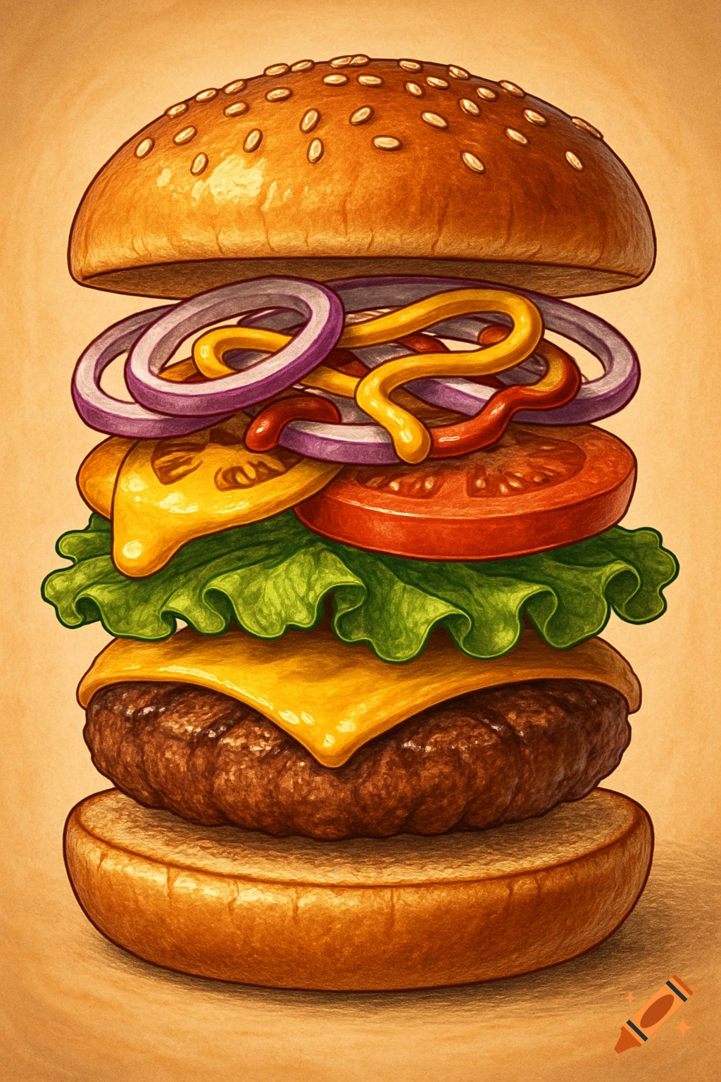 A vibrant, stylized diagram of a hamburger, showing layers of bun, patty, cheese, lettuce, tomato, onion, and sauces.