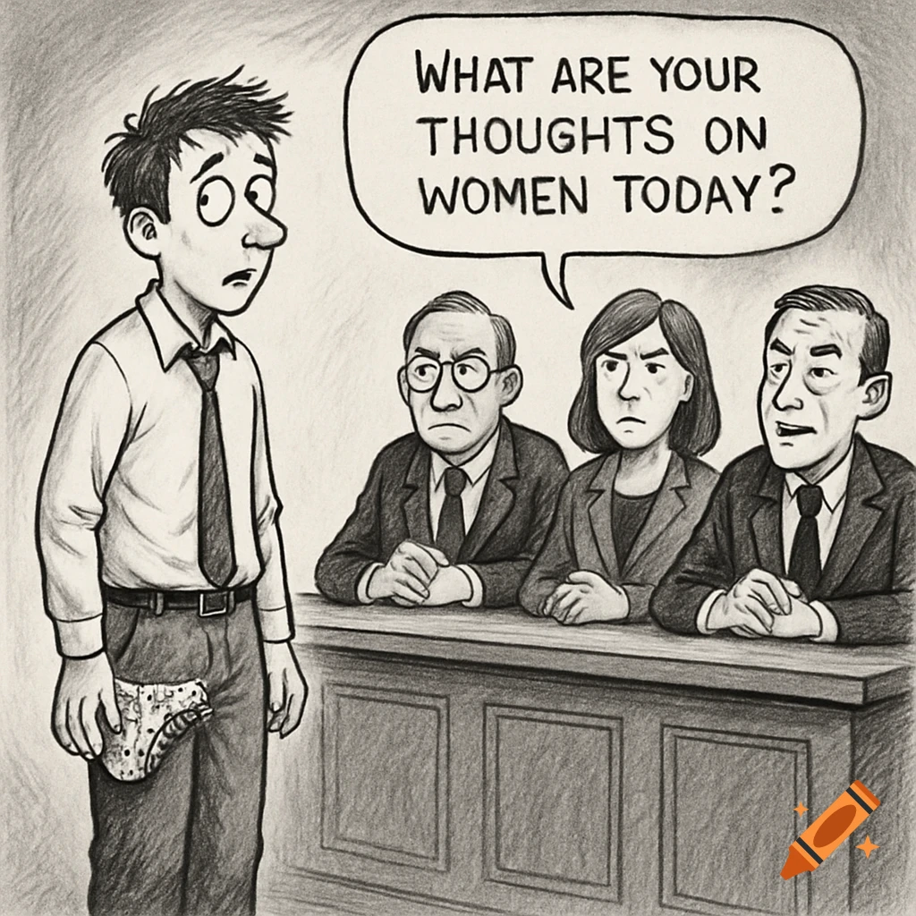 A black and white cartoon of a nervous man in a suit with women's underwear sticking out of his pocket, facing a jury. A speech bubble asks, "WHAT ARE YOUR THOUGHTS ON WOMEN TODAY?"