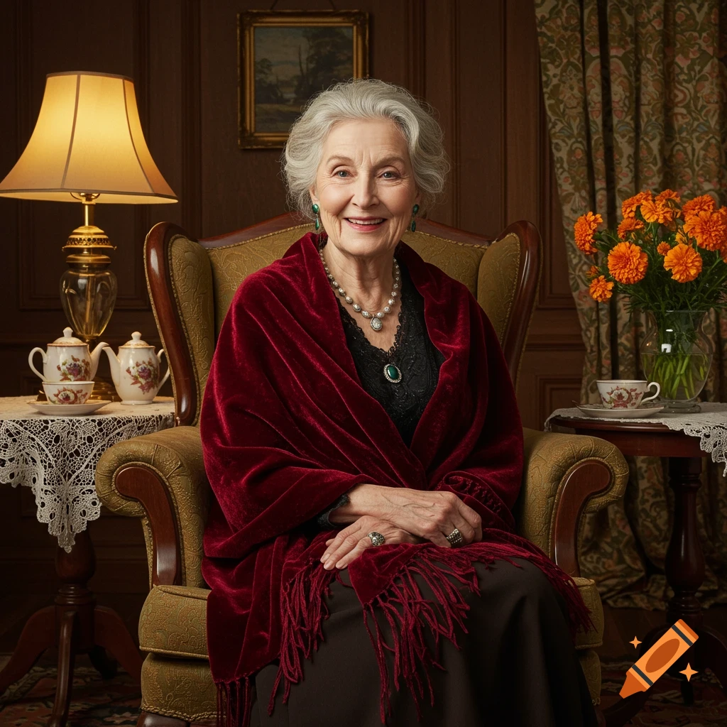 An elegant elderly woman with white hair smiles warmly, wearing a red velvet shawl and pearls, seated in a classic armchair.