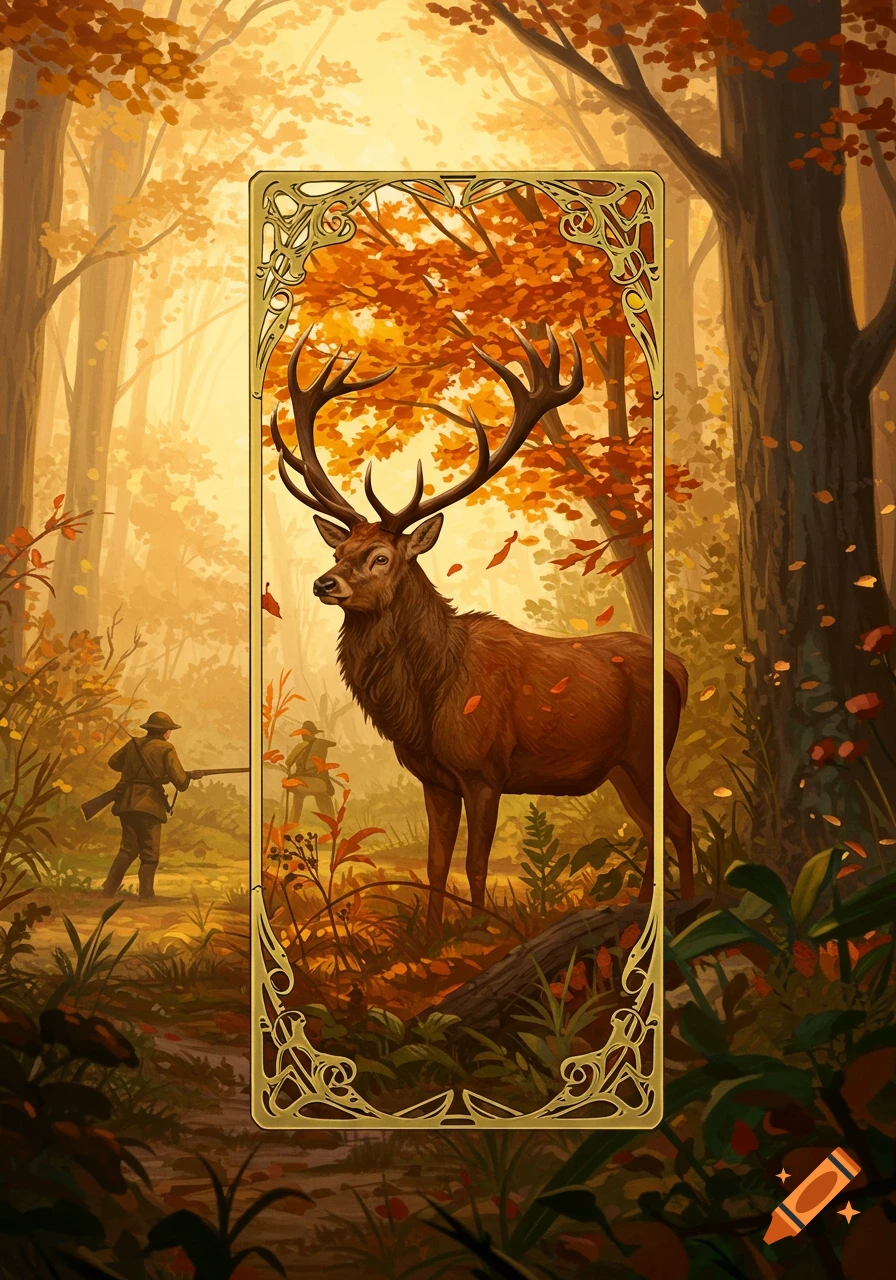 A majestic deer stands in an autumnal forest, framed by an ornate Art Nouveau border, with two hunters in the background. Illustration.