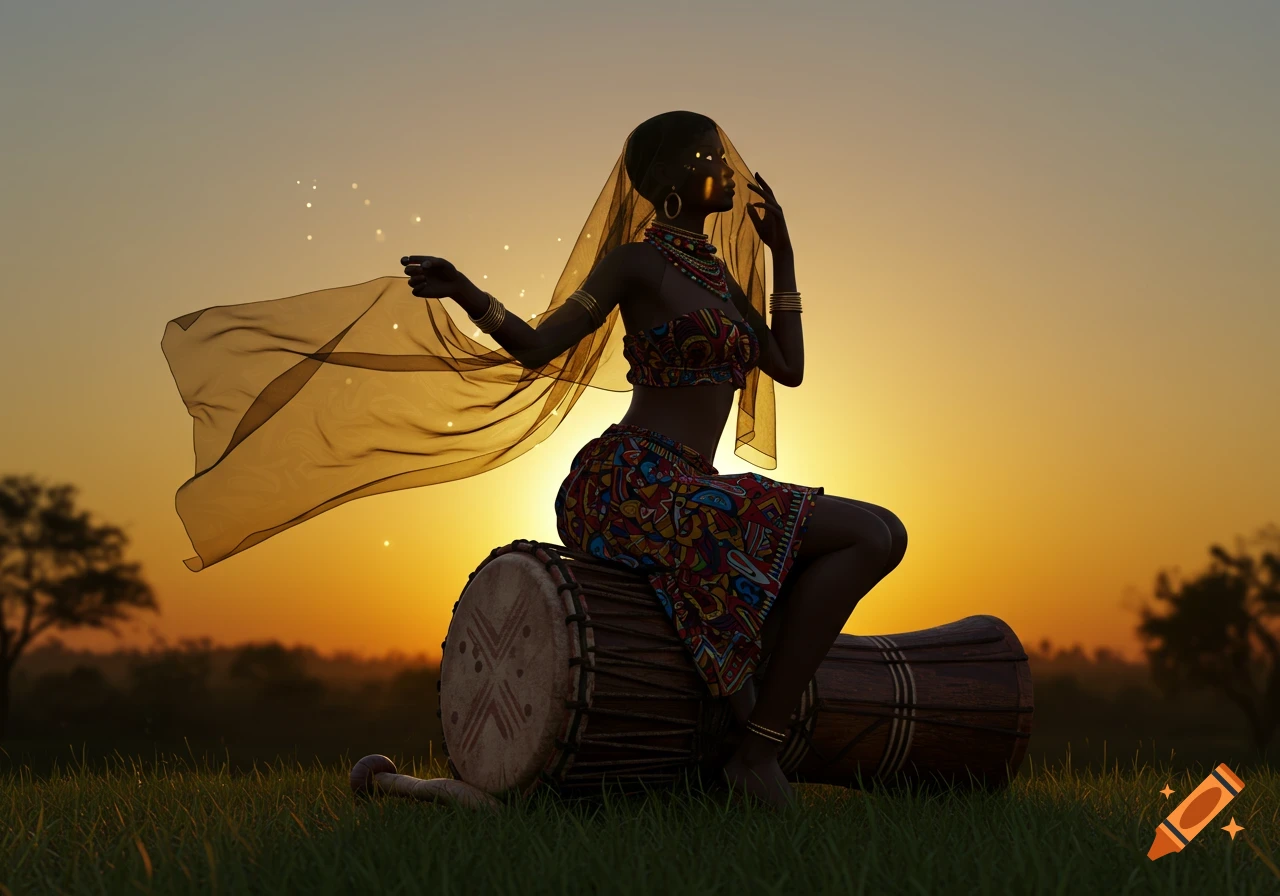 A woman in traditional attire and veil sits on a drum in a grassy field against an orange sunset, with ethereal sparkles.
