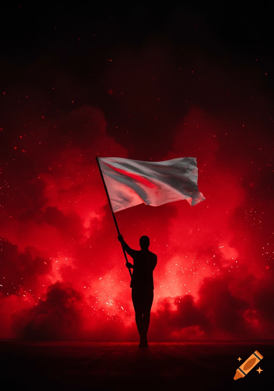 Silhouette of a person holding a white flag with a red streak against a dramatic red, smoky background with glowing particles.