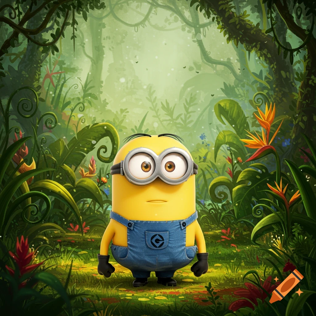A cartoon Minion with goggles and denim overalls stands in a vibrant, lush jungle clearing with tropical plants.