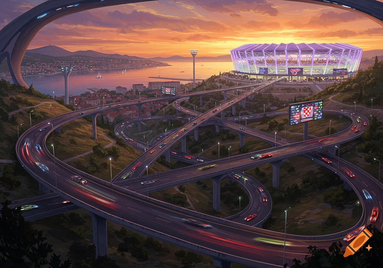 A futuristic cityscape at sunset, featuring a glowing stadium, intricate elevated highways with flowing traffic, and a bay in the background.