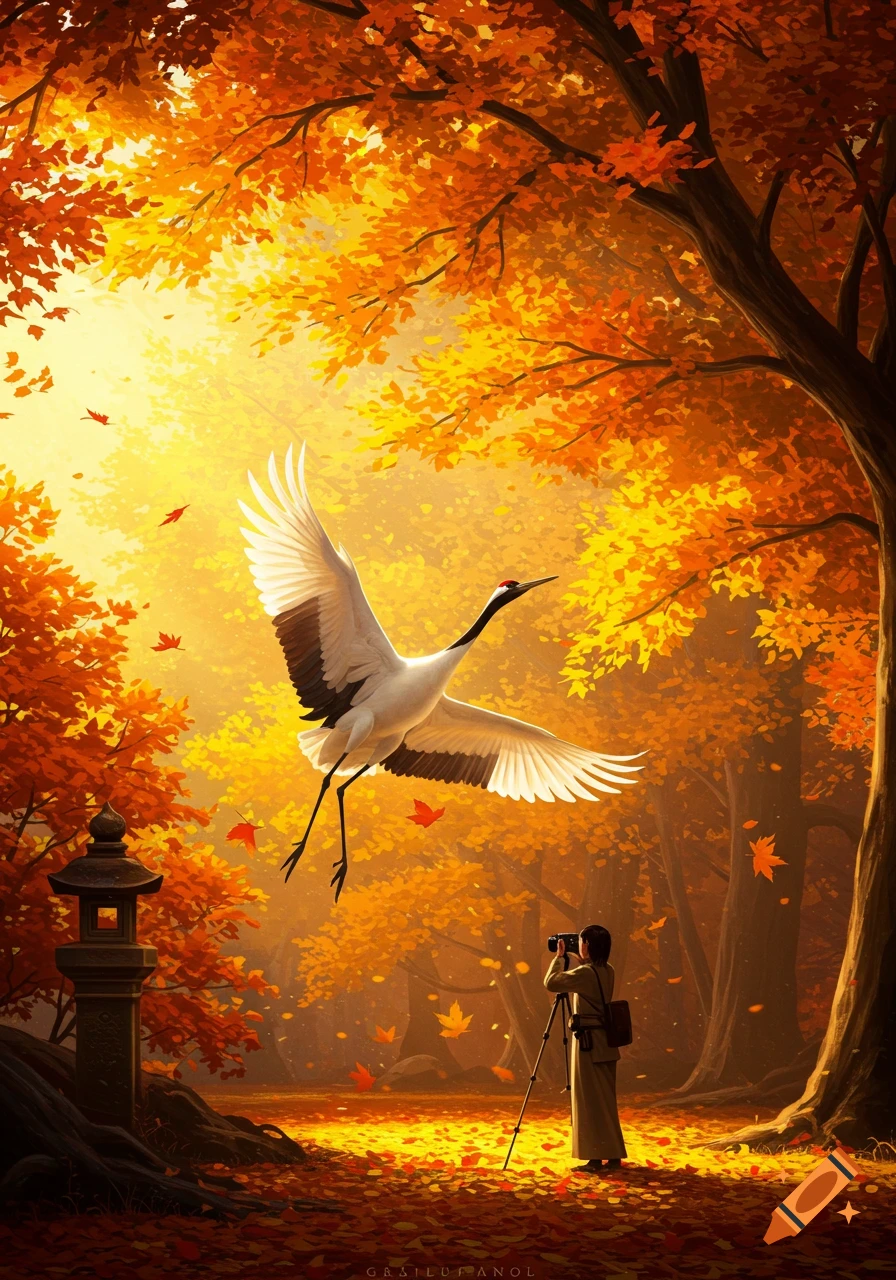 A white crane flies over a person photographing in a vibrant autumn forest filled with orange leaves, digital art.