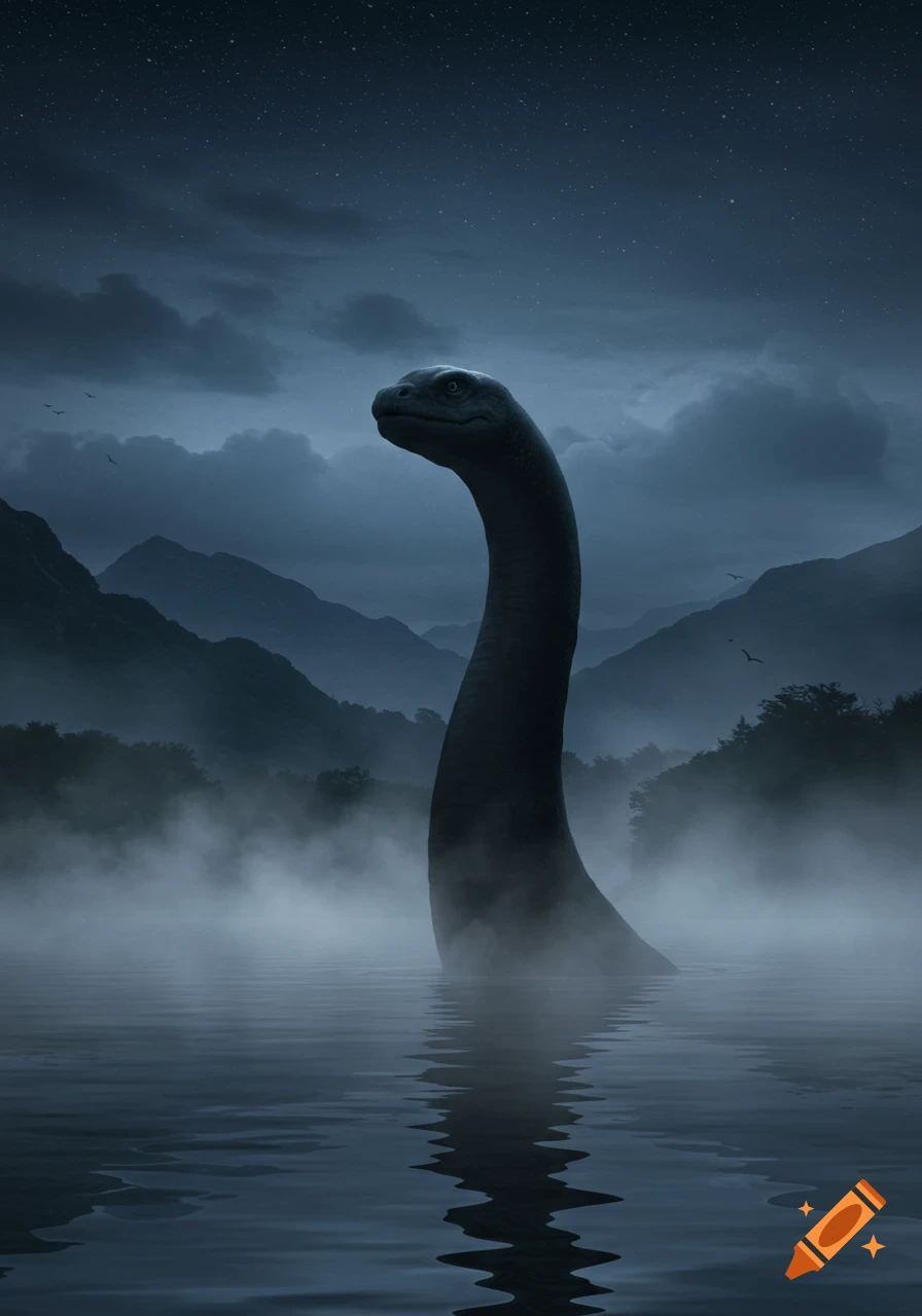 A cryptid emerges from a misty lake at night under a starry sky, with mountains in the background.