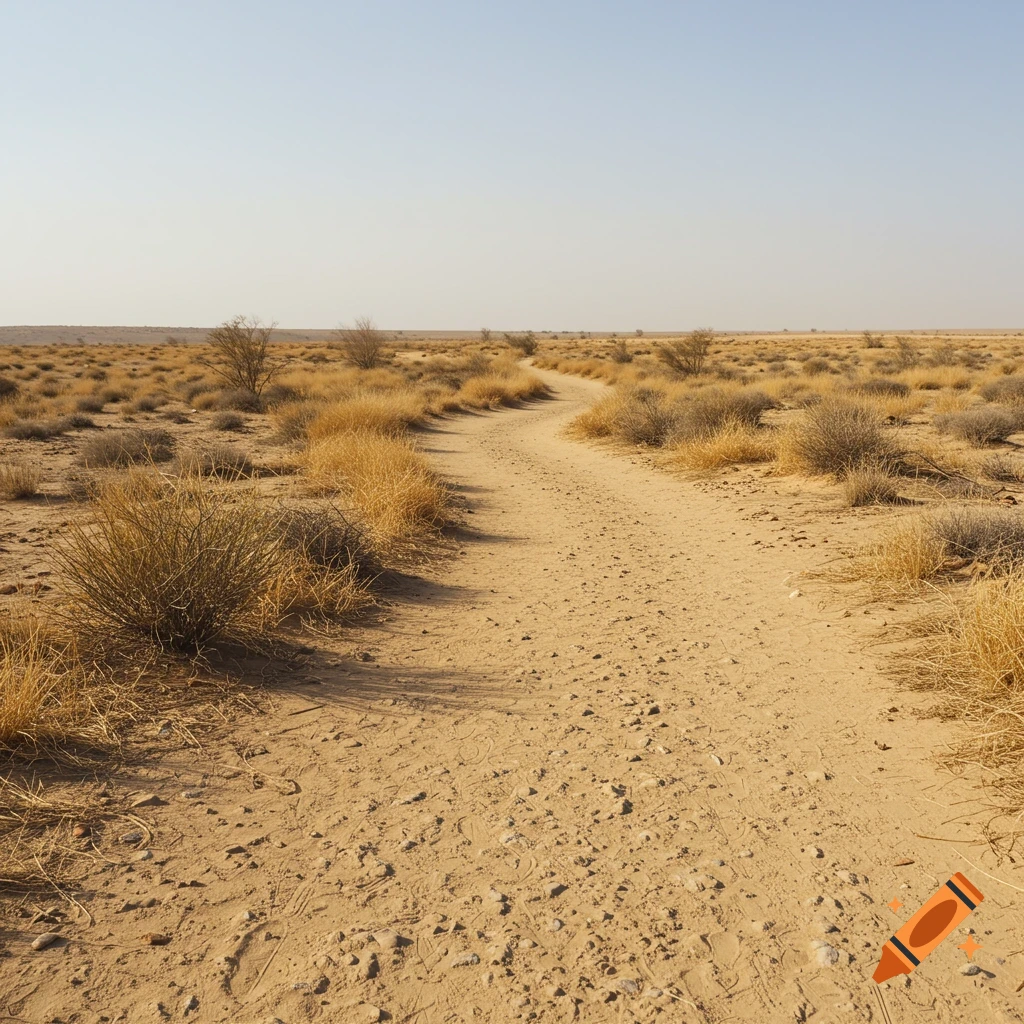A dusty dirt path winds through dry scrubland under a clear sky in a desert landscape.