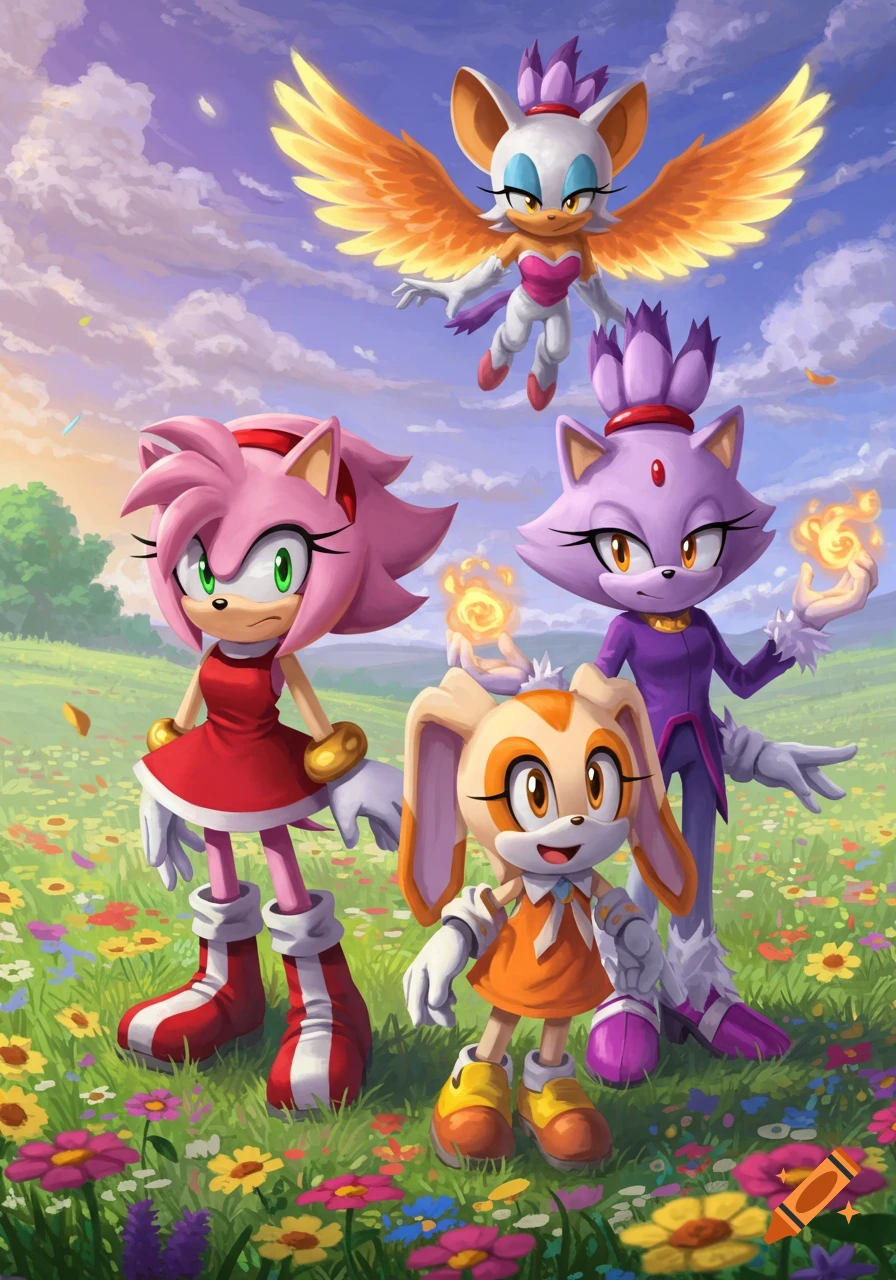Amy, Cream, Blaze, and Rouge from Sonic the Hedgehog stand in a vibrant flower field under a cloudy sky, with Rouge flying above.