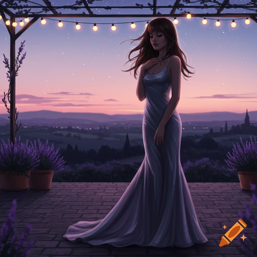 Elegant woman in a shimmering gown stands on a patio with lavender, overlooking a sunset valley, rendered in an illustrated style.