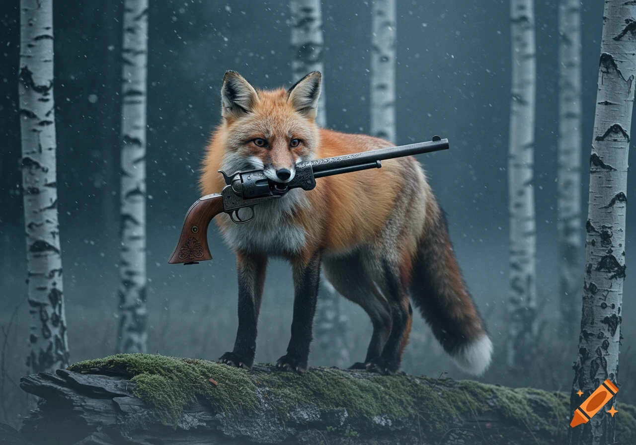 A photorealistic fox stands on a mossy log in a snowy birch forest, holding a revolver in its mouth.