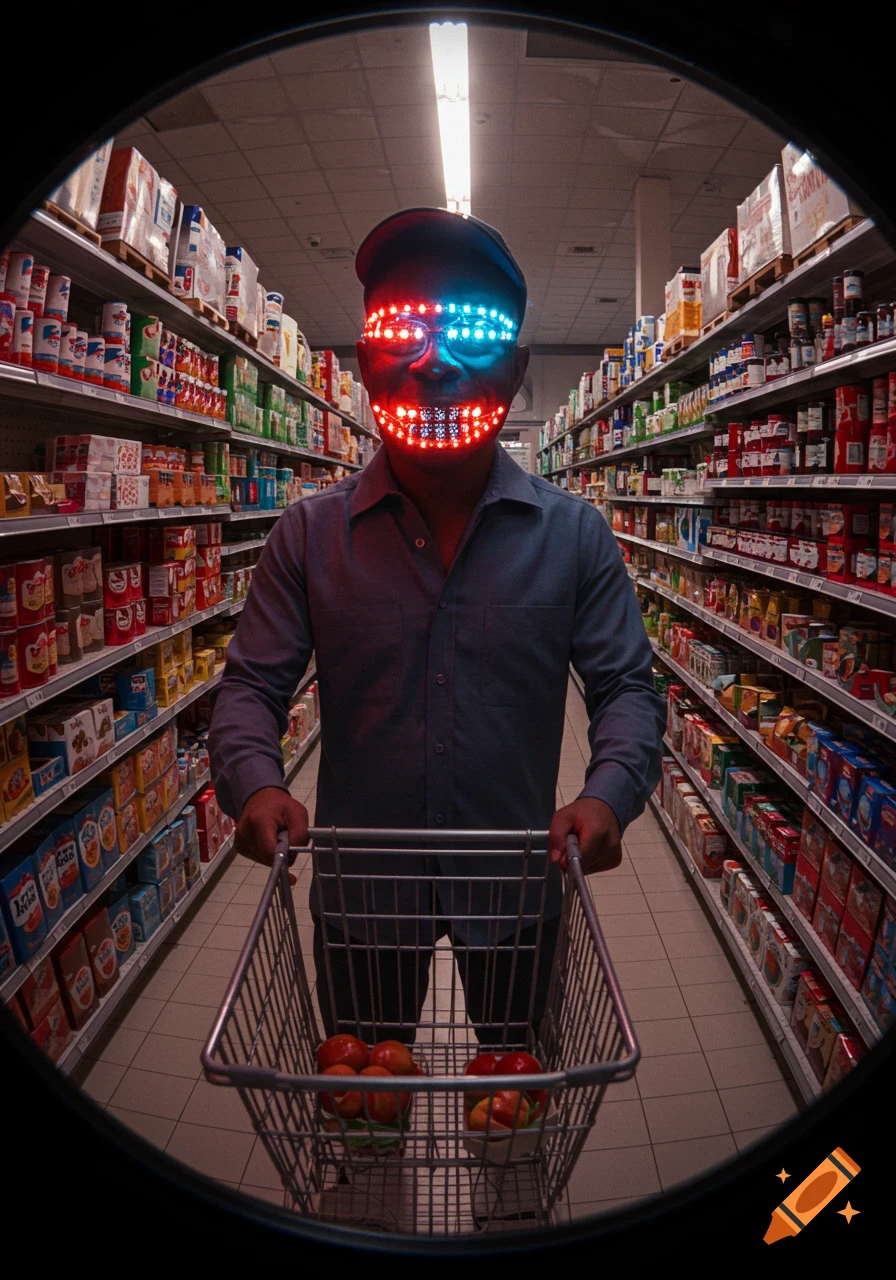A man with a red and blue LED-lit face mask and hat stands in a supermarket aisle, pushing a shopping cart with a fisheye perspective, giving a surreal and futuristic vibe.