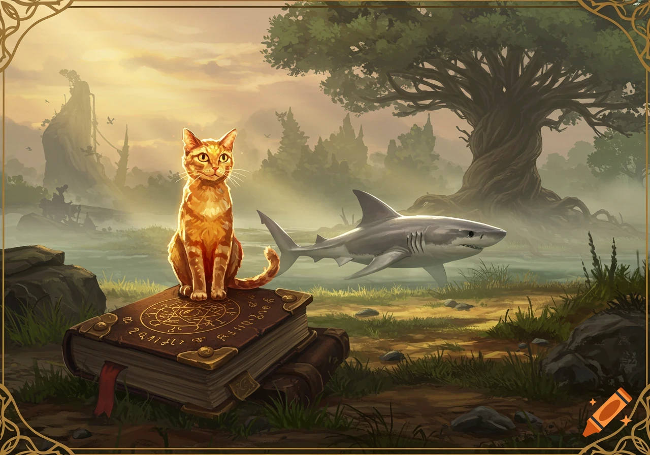 Fantasy illustration of an orange cat on a magical book, a land shark, and a large tree in a misty dawn landscape.