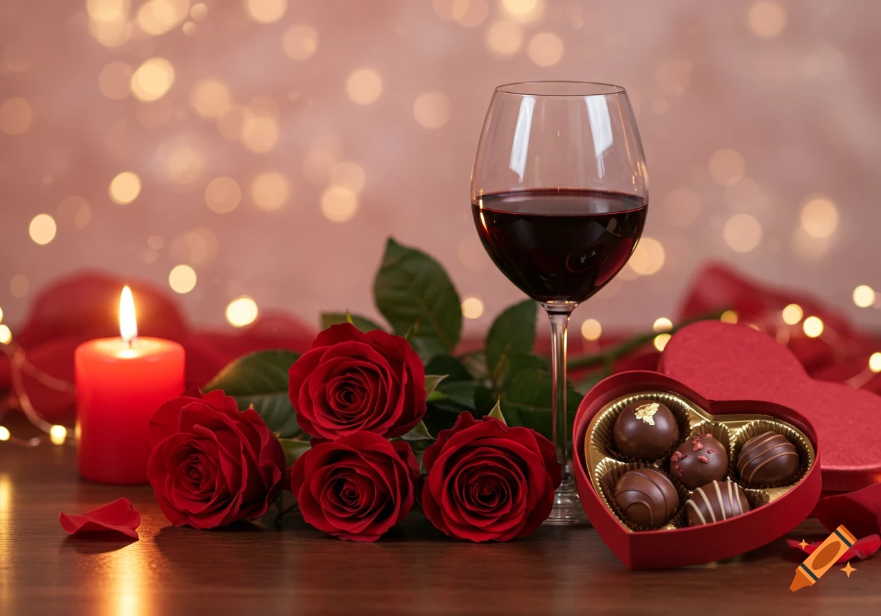 A romantic Valentine's Day display featuring a glass of red wine, three red roses, a lit candle, and a heart-shaped box of chocolates on a wooden surface with bokeh lights in the background.