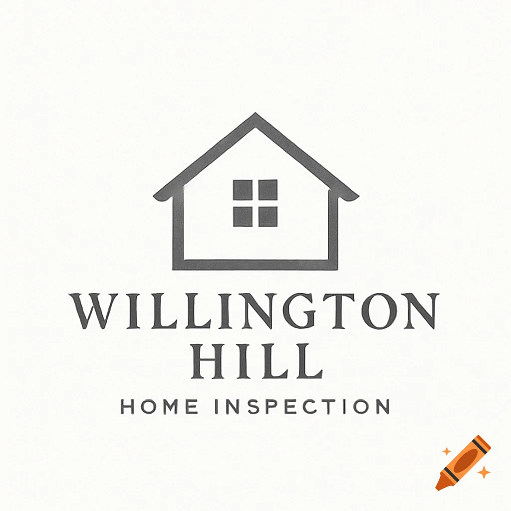 Minimalist grayscale logo for Willington Hill Home Inspection with a stylized house icon.
