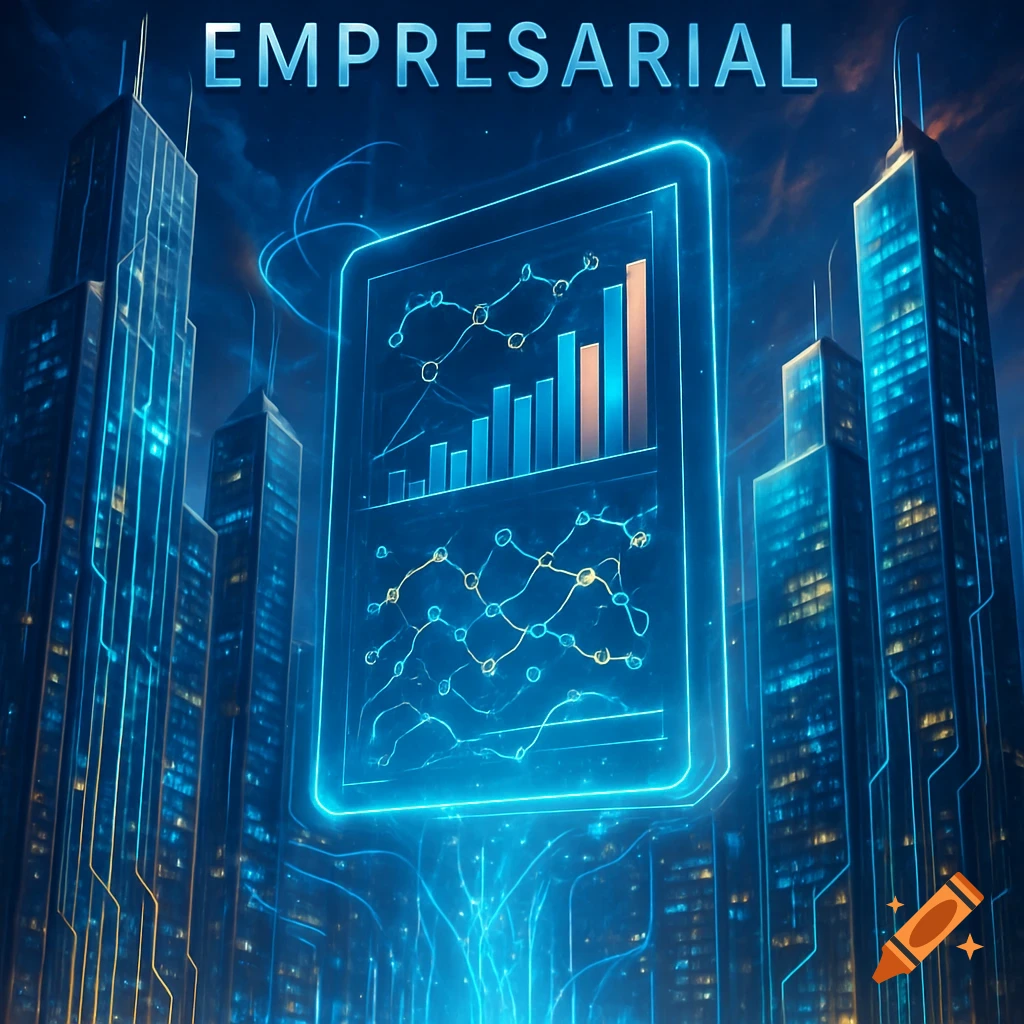 A futuristic cityscape at night with tall, glowing skyscrapers and a large holographic display showing bar charts and graphs.