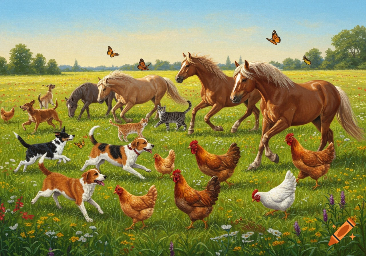 Horses, dogs, cats, and chickens run through a vibrant green meadow filled with wildflowers under a blue sky.