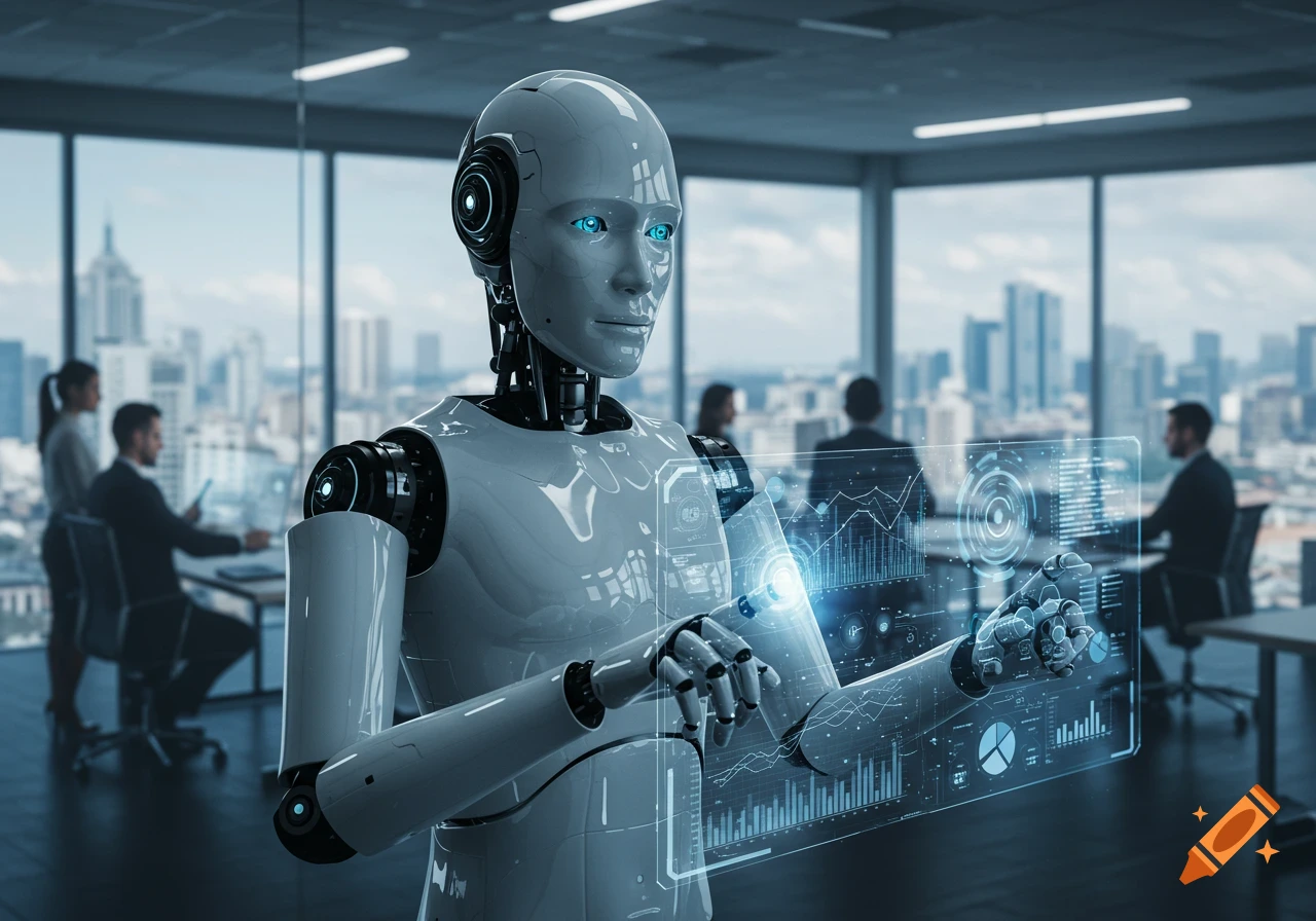 A humanoid robot interacts with a glowing holographic display in a modern office with a city skyline background, photorealistic style.
