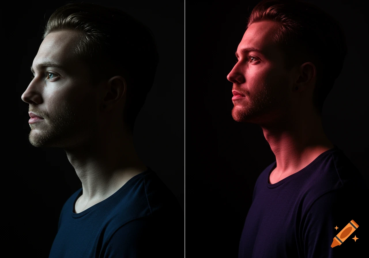Two side-by-side profile portraits of a man, one in natural light, the other with dramatic red cinematic lighting.