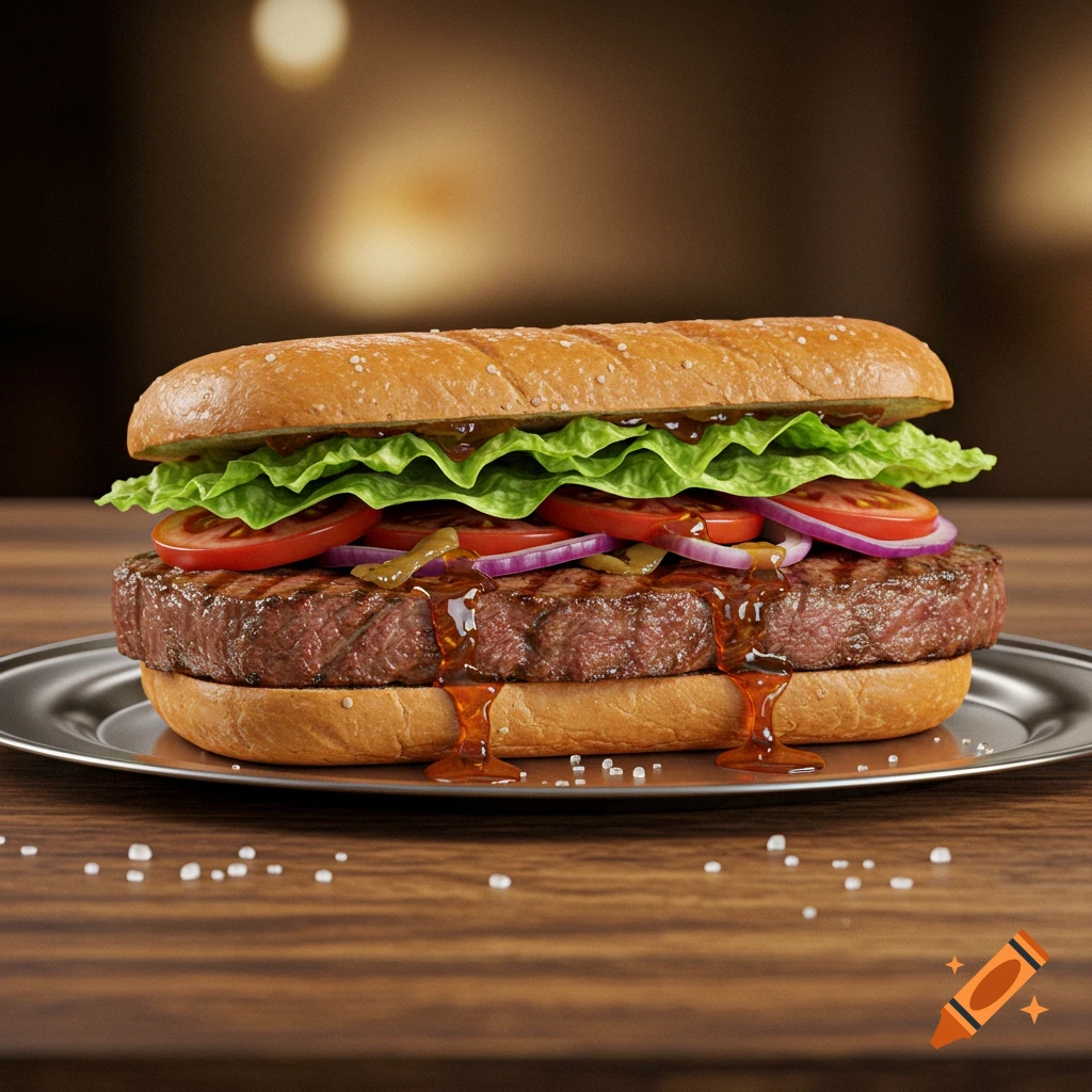 A large gourmet burger on a long bun with lettuce, tomatoes, onions, pickles, and sauce dripping down a thick meat patty, served on a metal plate on a wooden table.