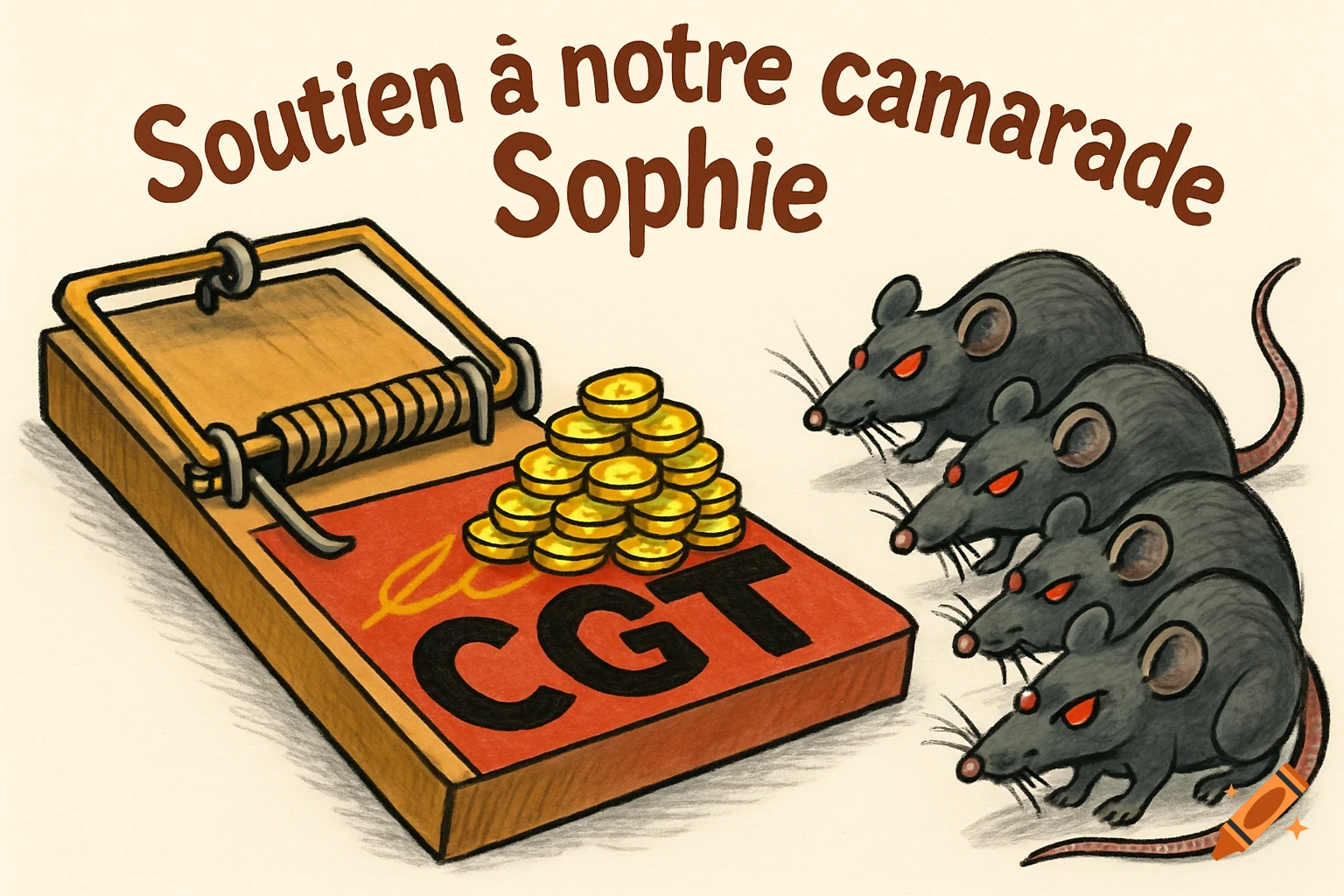 Cartoon of a rat trap baited with gold coins, watched by three evil-looking grey rats. Text reads "Soutien \u00e0 notre camarade Sophie" and "CGT".