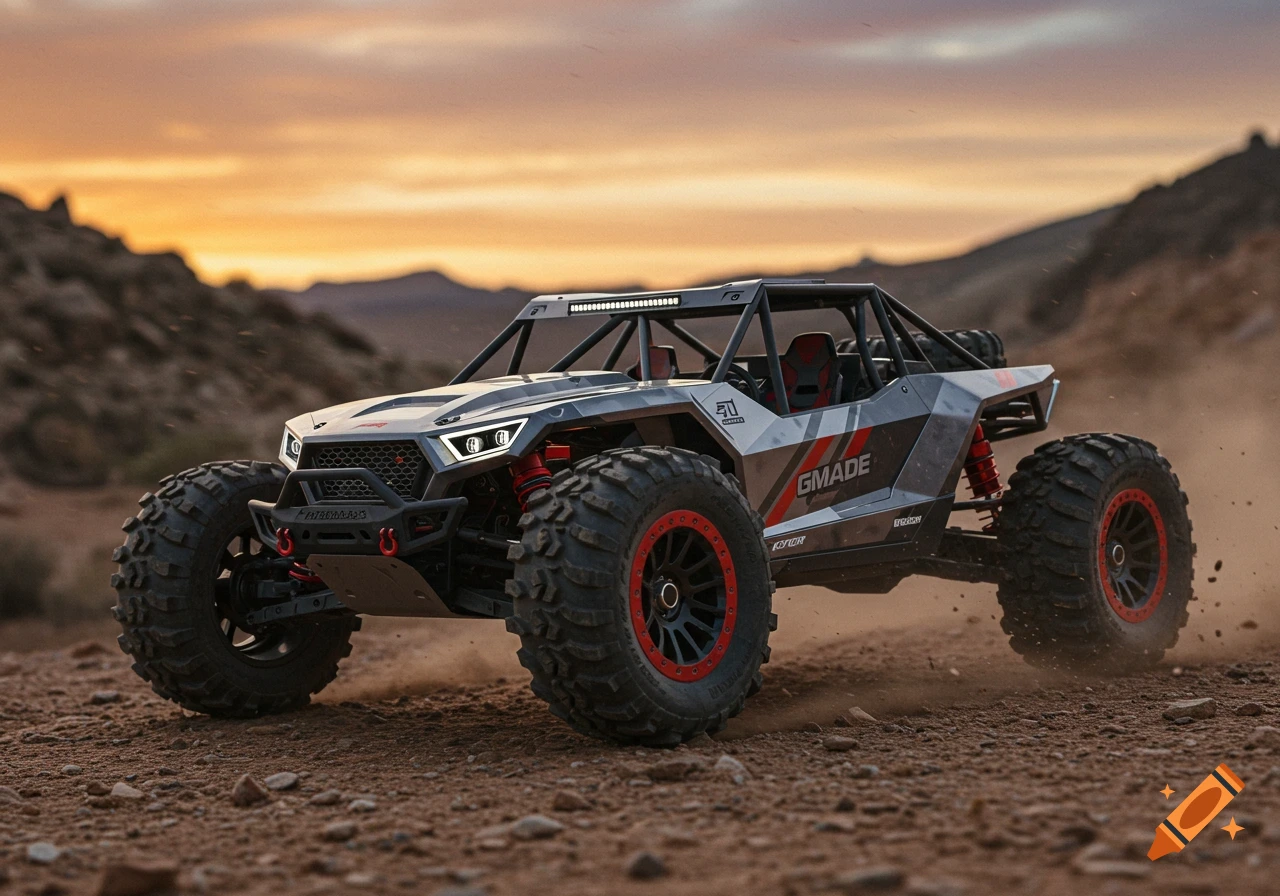 A gray and red Gmade GR01 RC off-road buggy kicks up dust on a dirt track in a desert landscape under a sunset sky, photorealistic.