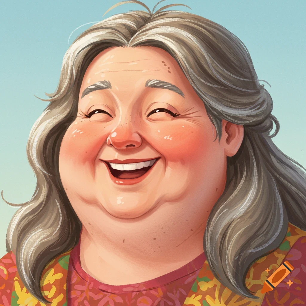 A close-up cartoon portrait of a smiling older woman with grey hair, wearing a colorful patterned top.