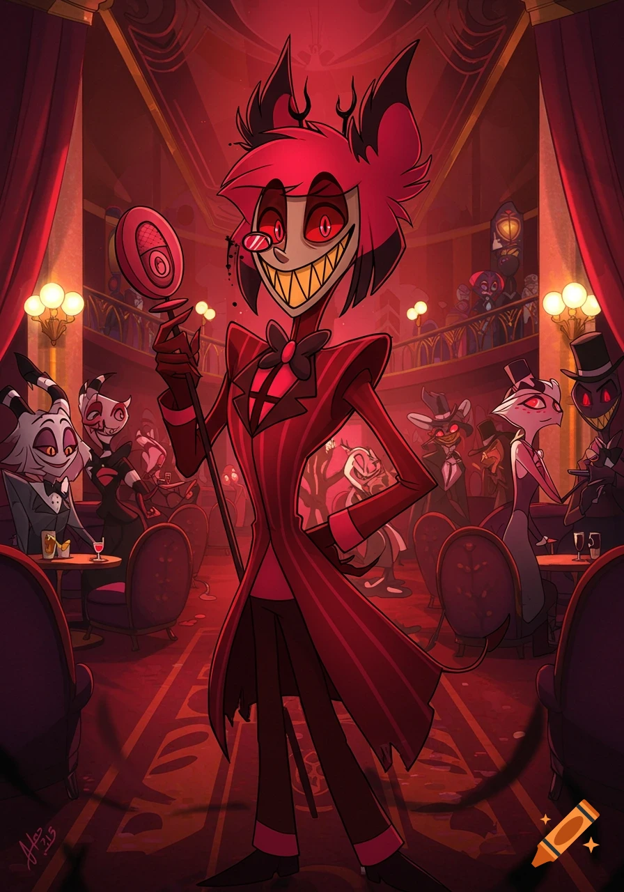Alastor, a tall, red demon in a pinstripe suit, holds a microphone in a dimly lit red cabaret with other demon patrons.