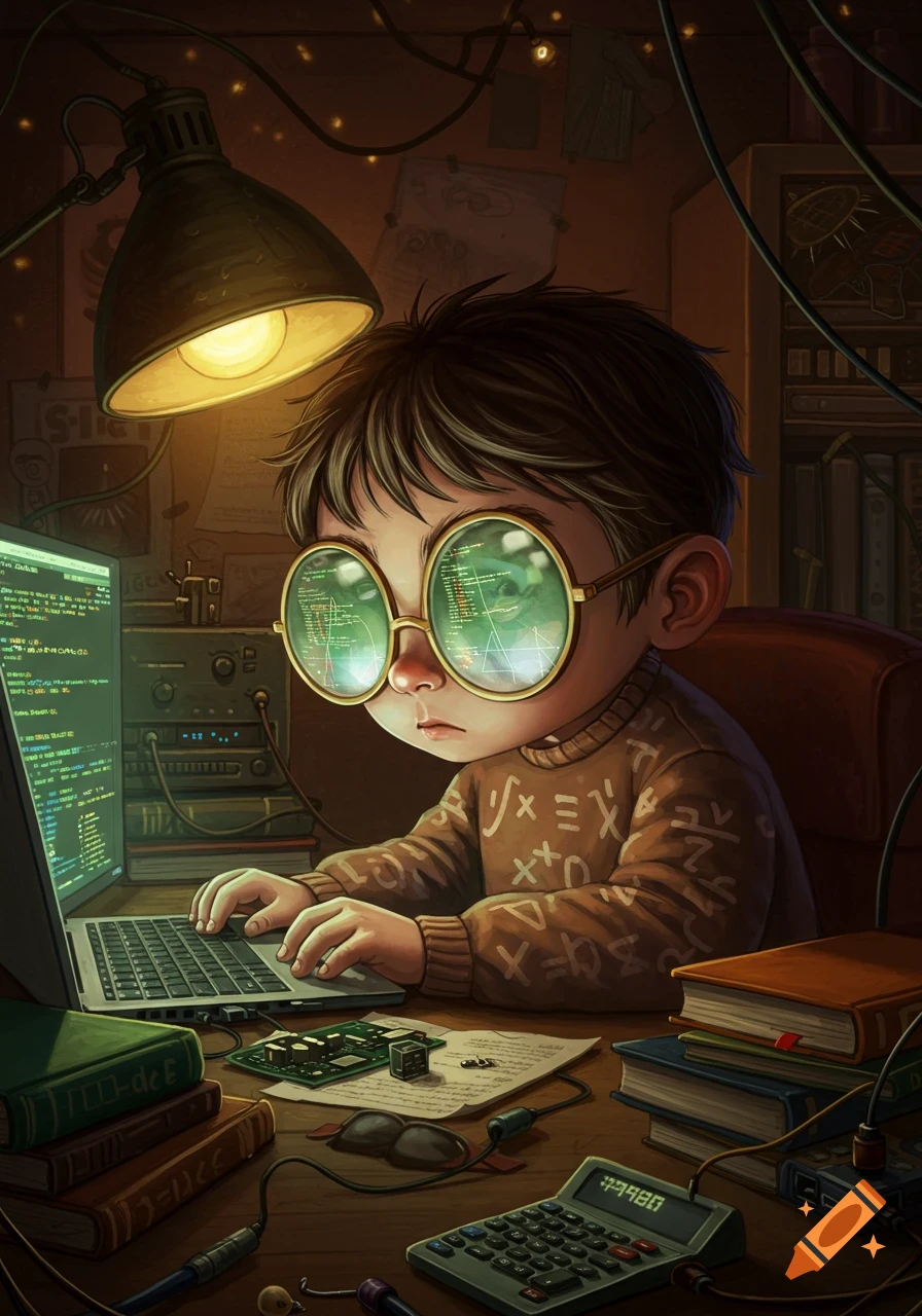 A cartoon boy with large glasses reflecting code, intensely typing on a laptop at a cluttered desk under a lamp, surrounded by books and electronics.