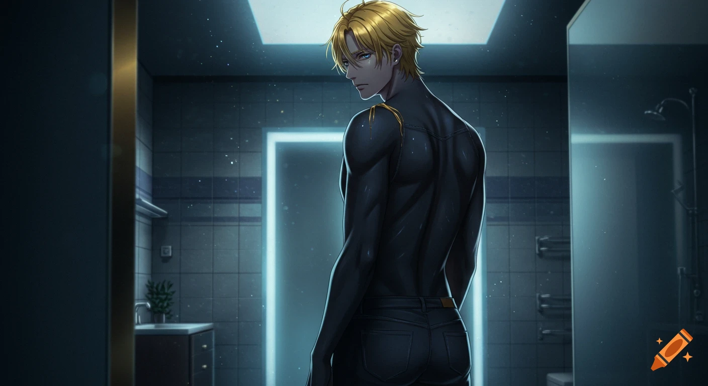 A blonde anime man with blue eyes, wearing a black form-fitting outfit, looks over his shoulder in a dimly lit bathroom.