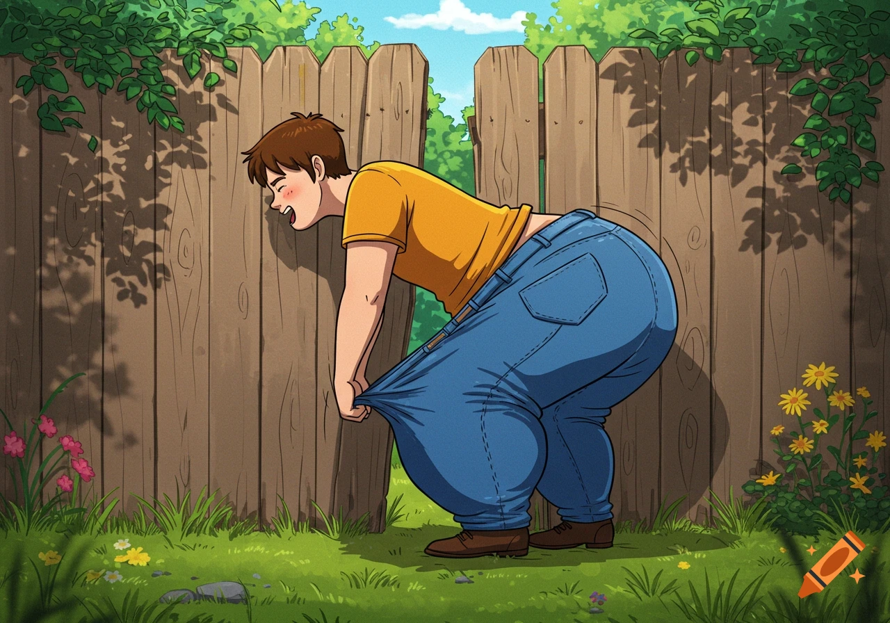 A cartoon man in an anime style struggles to pull his very baggy blue jeans through a narrow gap in a wooden backyard fence.