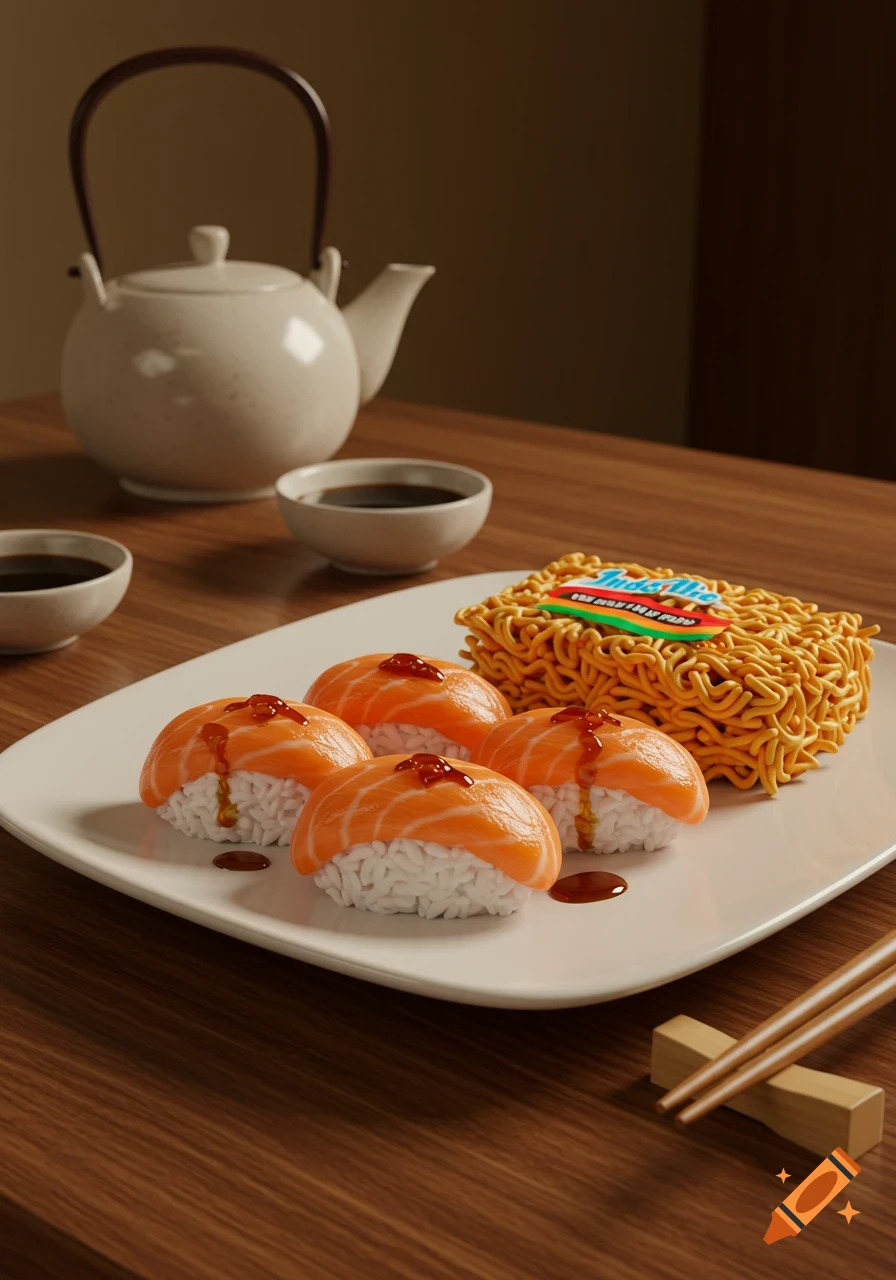 A white plate holds four salmon nigiri sushi pieces with sauce and a block of instant noodles with a brand label. A white teapot and two small bowls of sauce are in the background on a wooden table. Photorealistic.