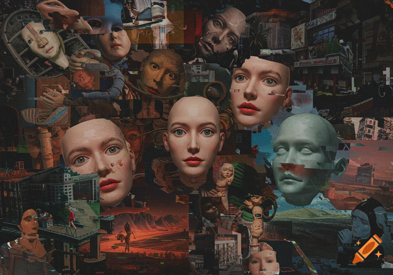 A surreal, glitchy collage featuring distorted human and mannequin faces interspersed with fragmented urban and landscape scenes.