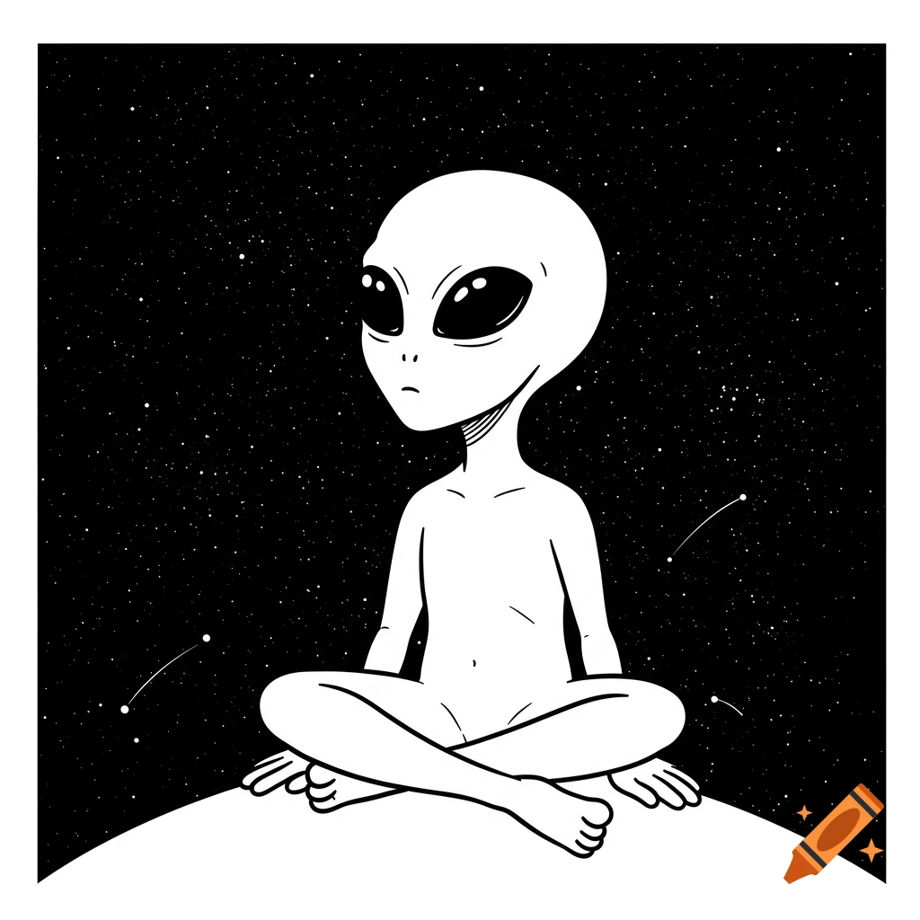 A white line art alien with large oval eyes sits cross-legged on a planet, gazing at a starry black night sky.