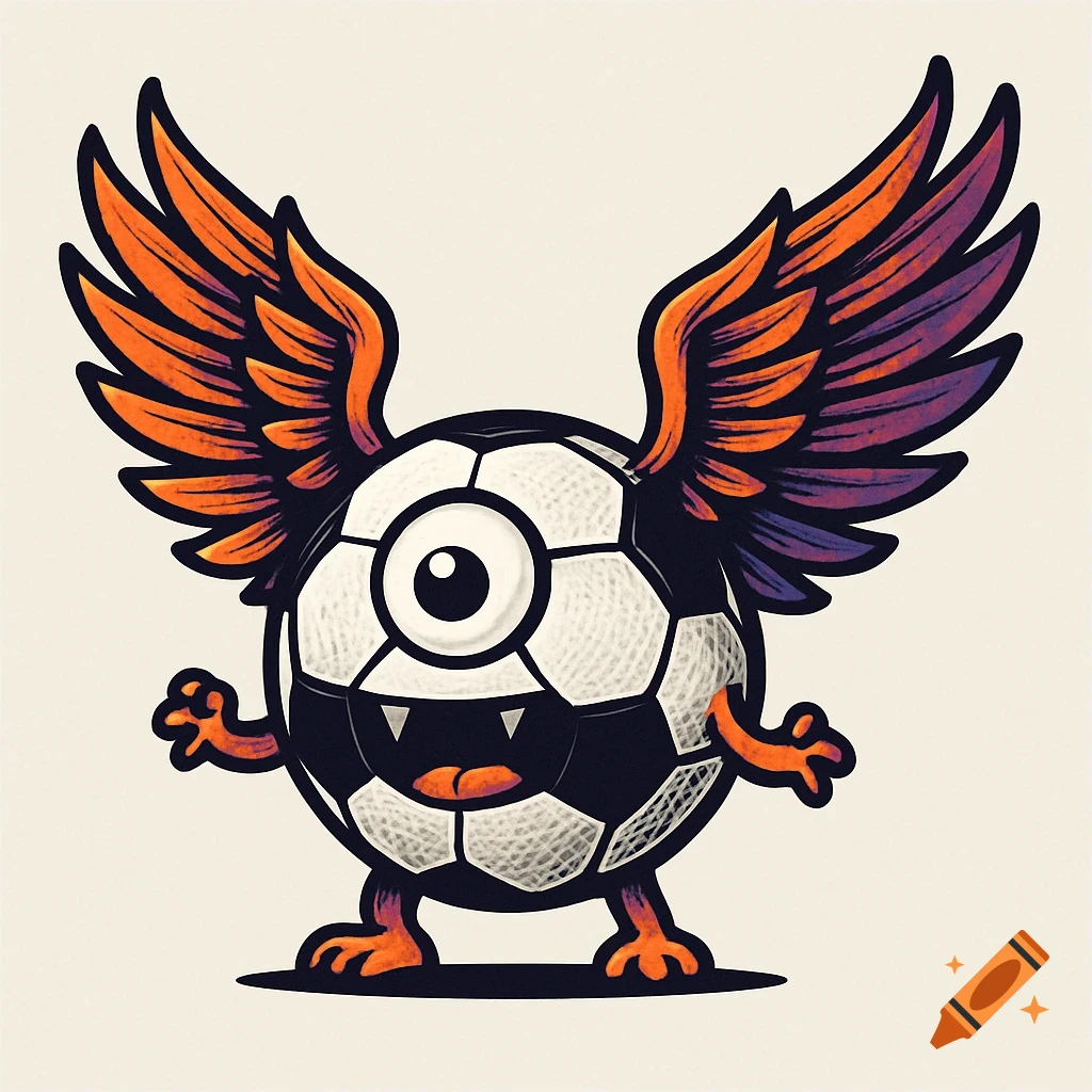 Stylized illustration of a soccer ball monster with one eye, fangs, tiny limbs, and large orange and purple wings.