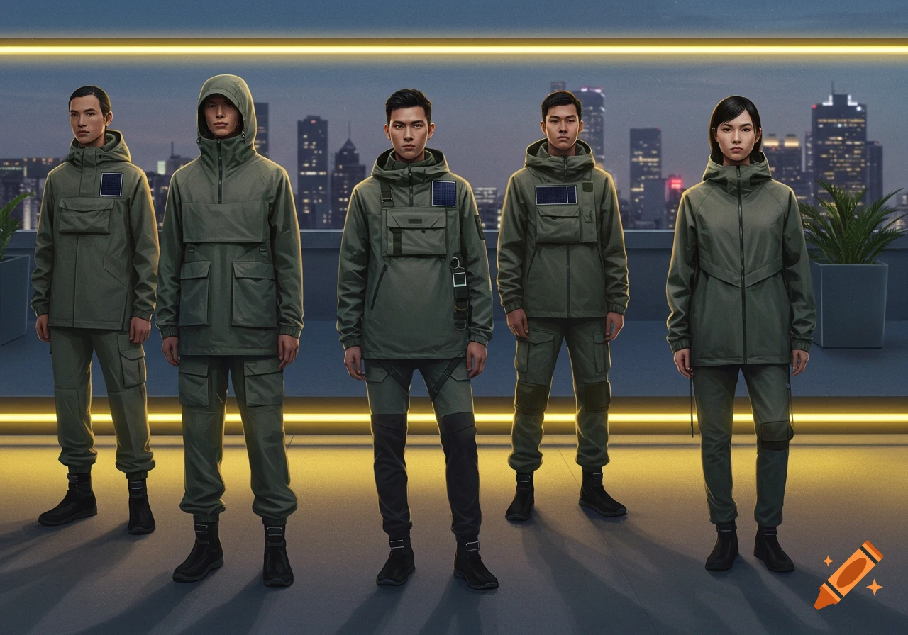 Five models in modern olive green functional outfits stand on a rooftop at dusk, with a city skyline glowing in the background.