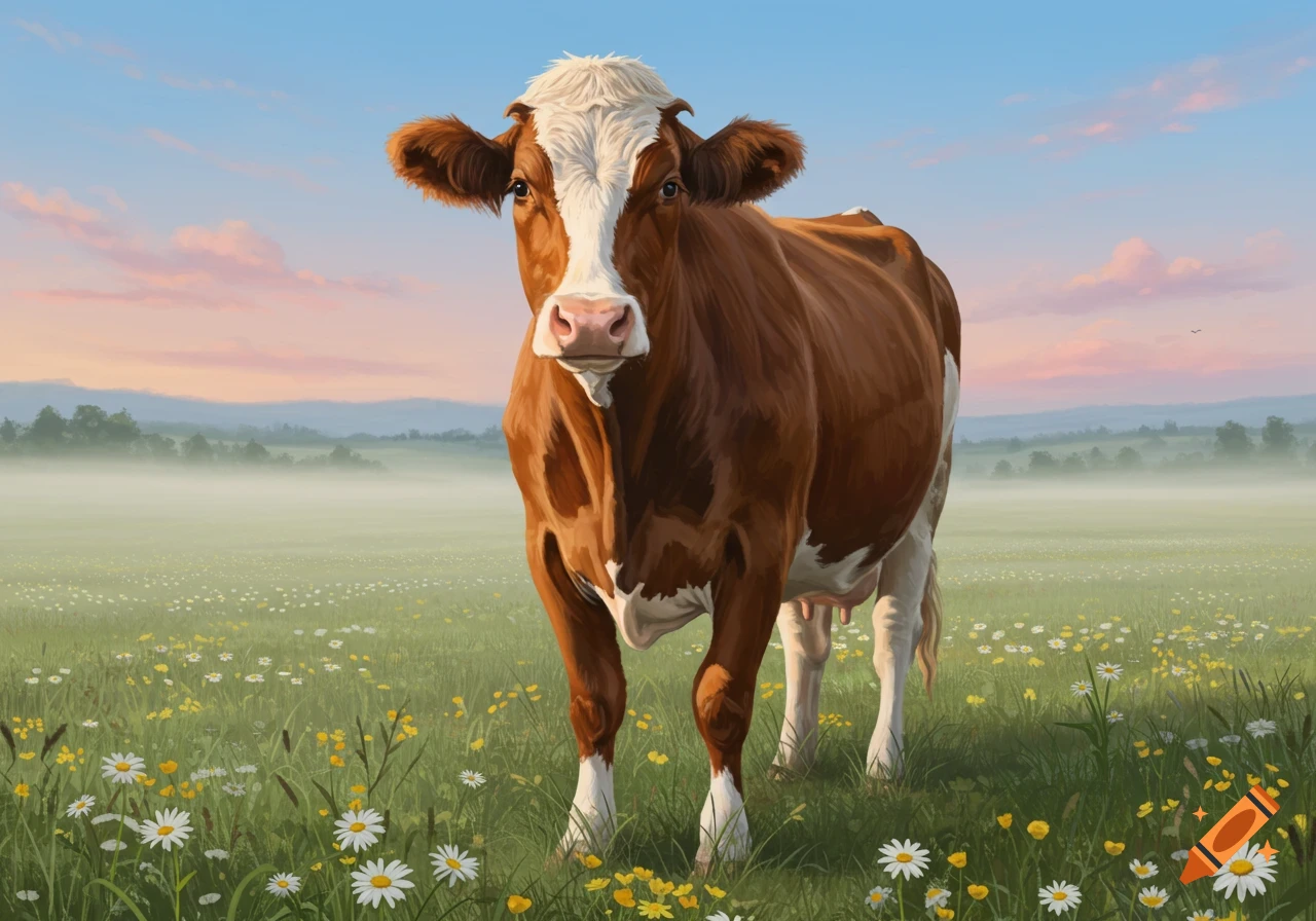 A brown and white cow stands in a sunlit field of daisies and wildflowers under a blue sky with pink clouds.