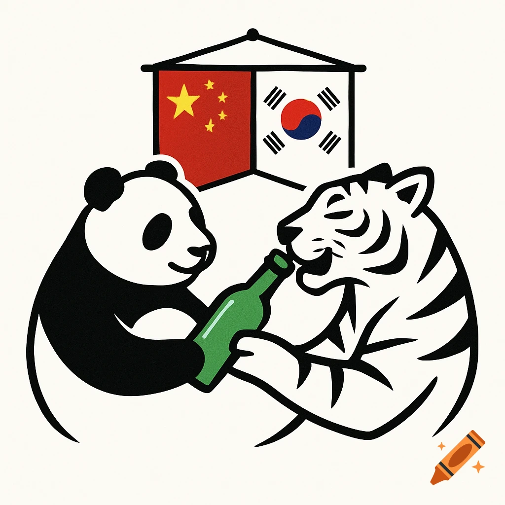A graphic logo illustration of a panda and a white tiger sharing a green soju bottle under Chinese and South Korean flags.