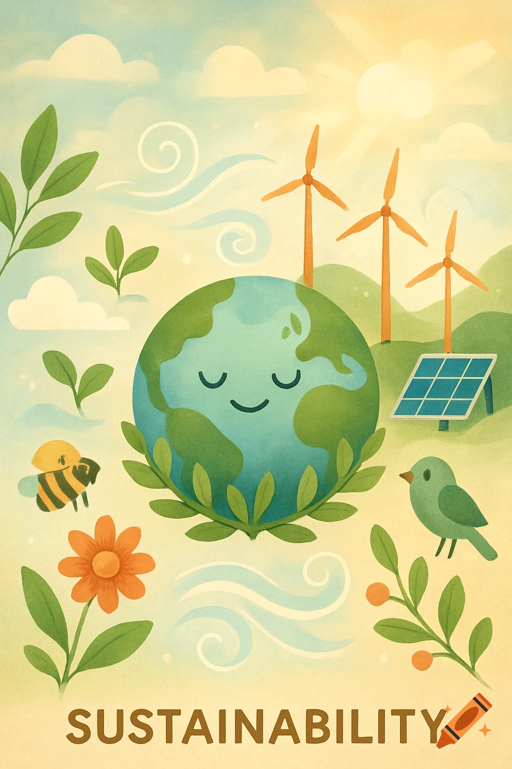 A cheerful illustration of Earth with a happy face, surrounded by nature and renewable energy symbols like wind turbines and a solar panel, with the word SUSTAINABILITY at the bottom.
