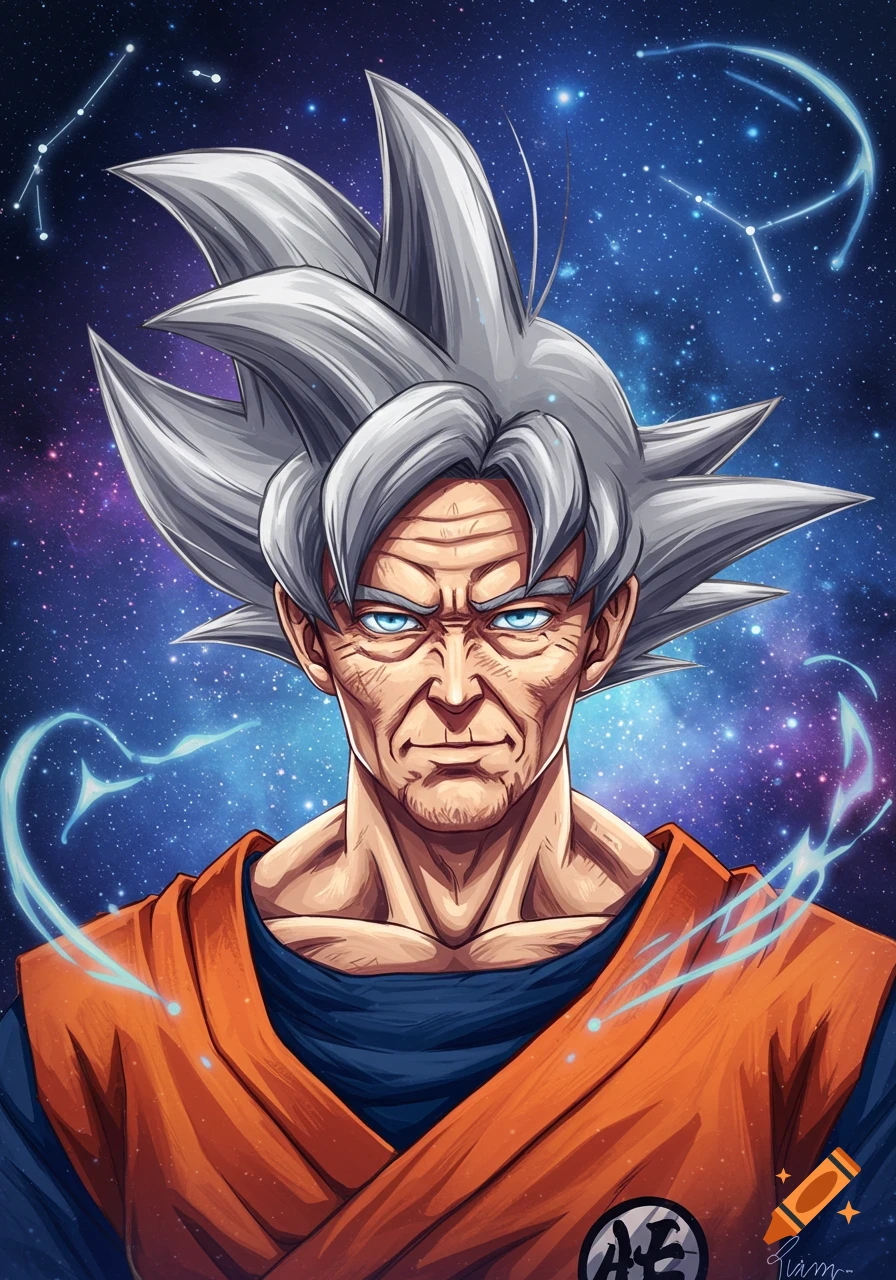 A detailed anime portrait of an old Goku with white spiky hair and blue eyes, wearing an orange gi, against a cosmic starry background.
