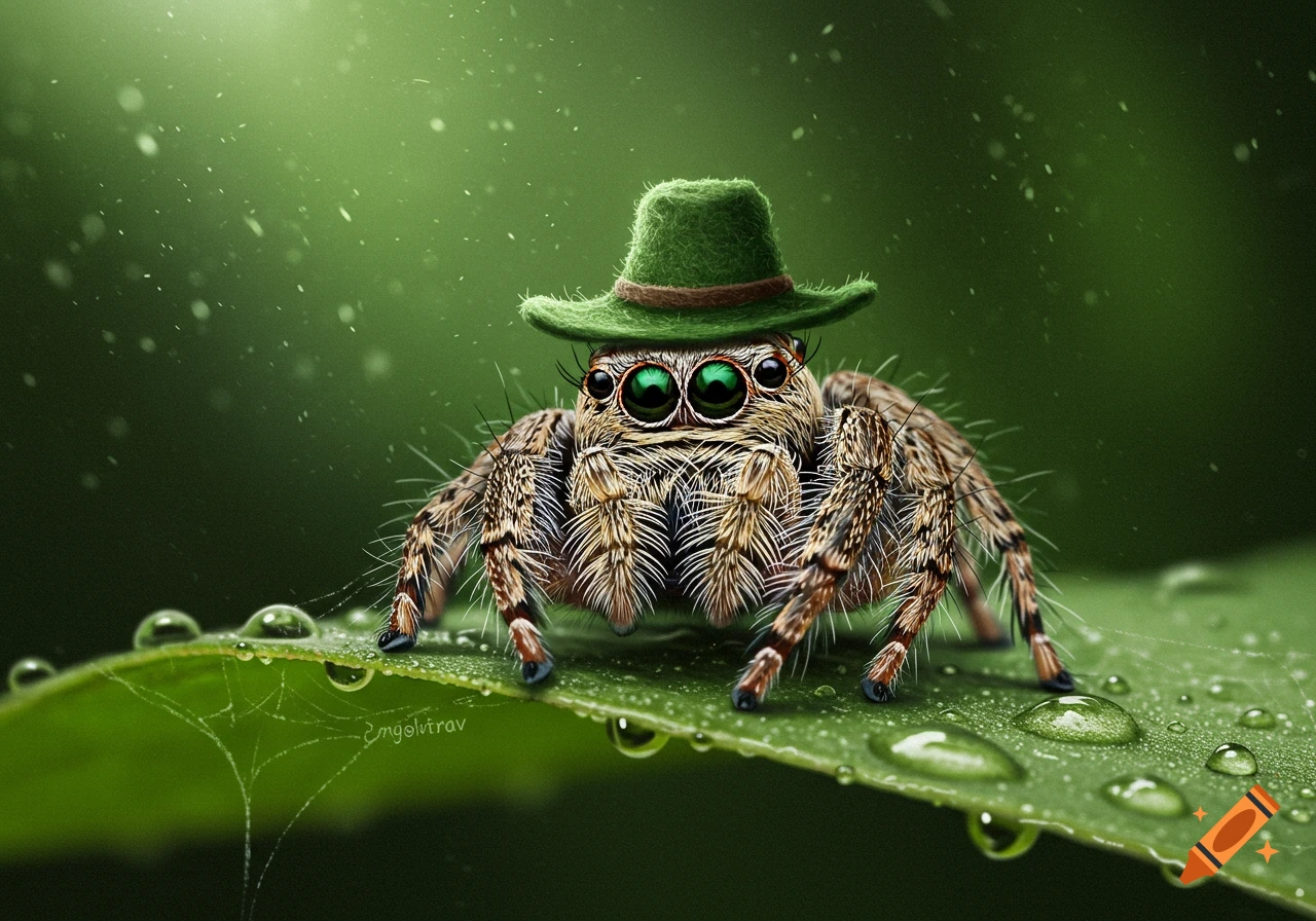 A photorealistic macro shot of a jumping spider wearing a green felt hat, perched on a dewy green leaf.