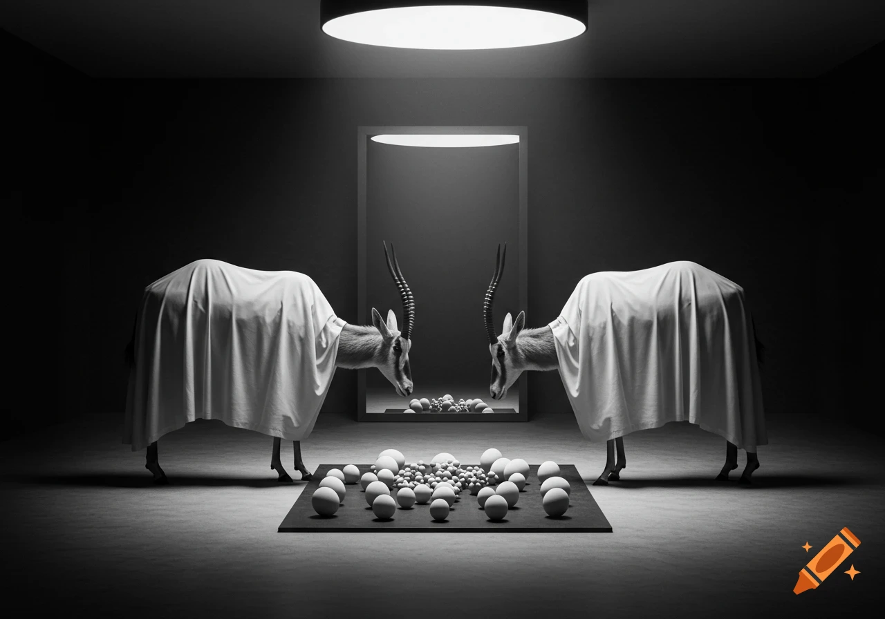 Two draped antelopes face each other over a platform of eggs, reflected in a mirror, in a stark black and white surreal photograph.