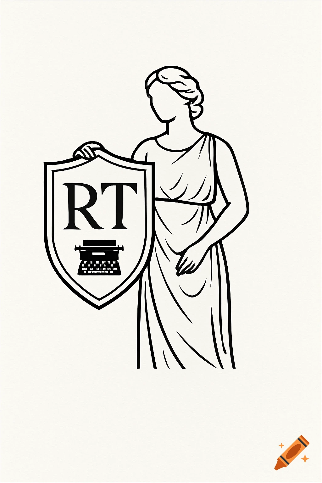 Minimalist black-and-white logo: a classical draped female figure holds a shield with 'RT' and a vintage typewriter.