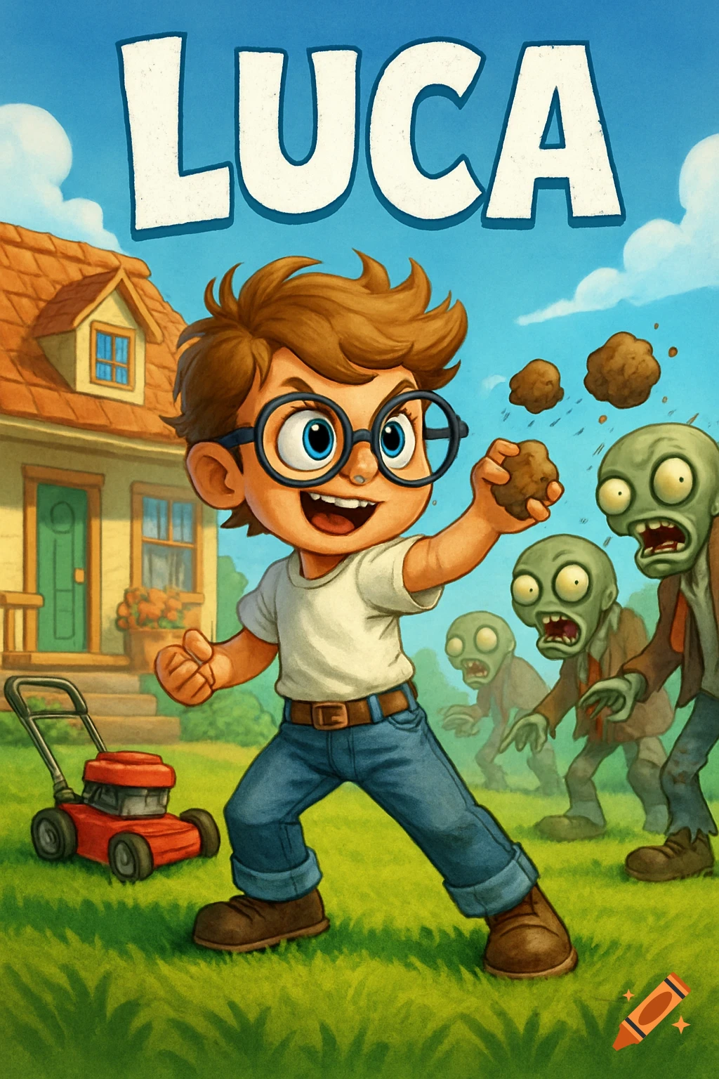 Cartoon boy in glasses throws dirt at zombies in a front yard with a house and lawnmower, in a Plants vs. Zombies style.