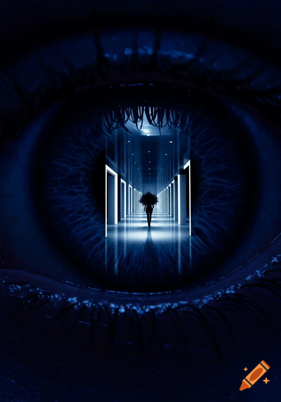 A dark blue eye with a long hallway, lit doors, and a silhouette of a woman with wild hair in its pupil.
